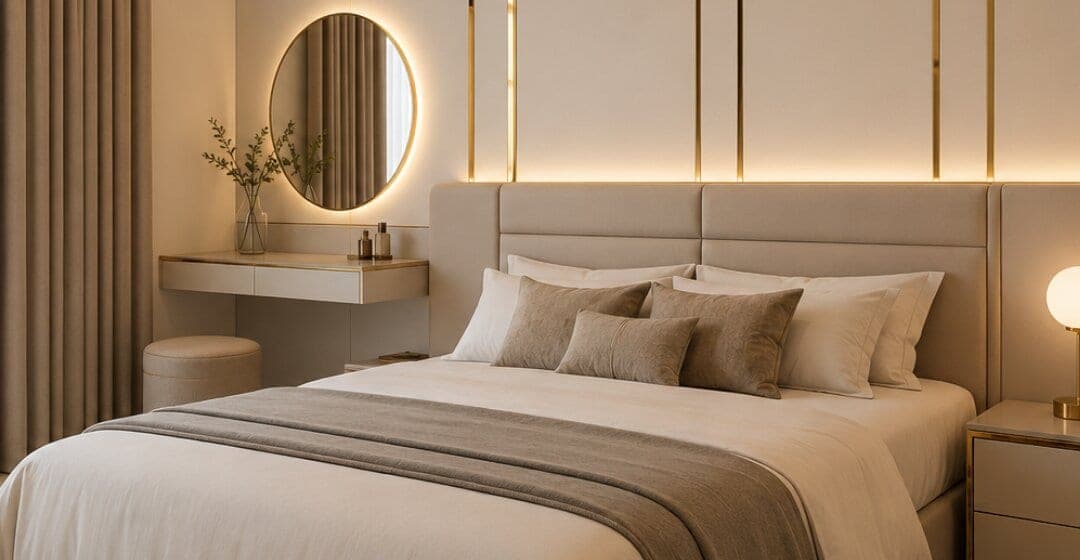 Bedroom with brass-lined wall panels, a round backlit mirror, and a vanity table