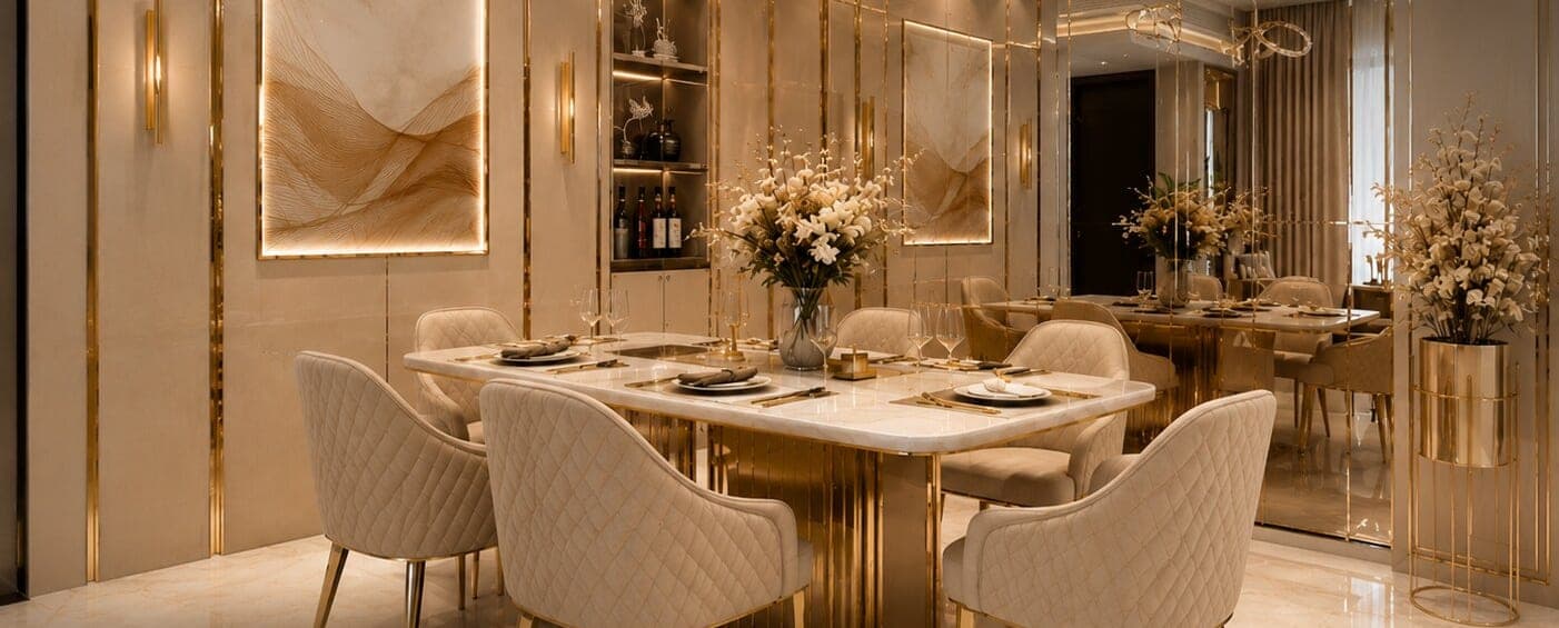 Dining room with a mirrored brass wall, marble table, and diamond-tufted cream chairs